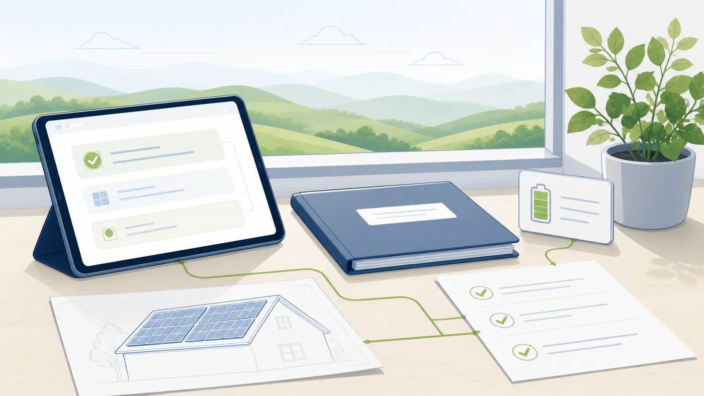 Übergabeszene mit Tablet, PV-Skizze, Speicherkarte und Checkliste zeigt die Betreiberprüfung nach Installateurservice.