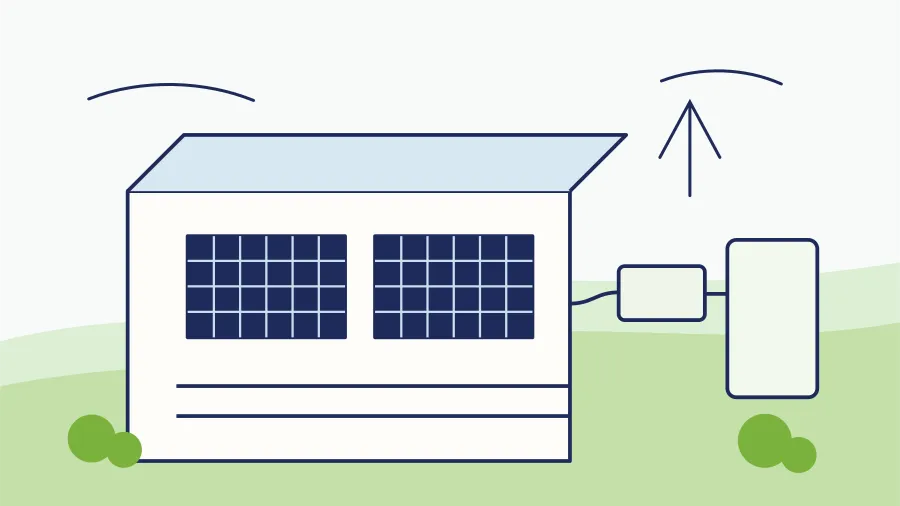 Balkon-Szene mit Solarmodulen, kleinem Mikrowechselrichter und separatem Speicher.