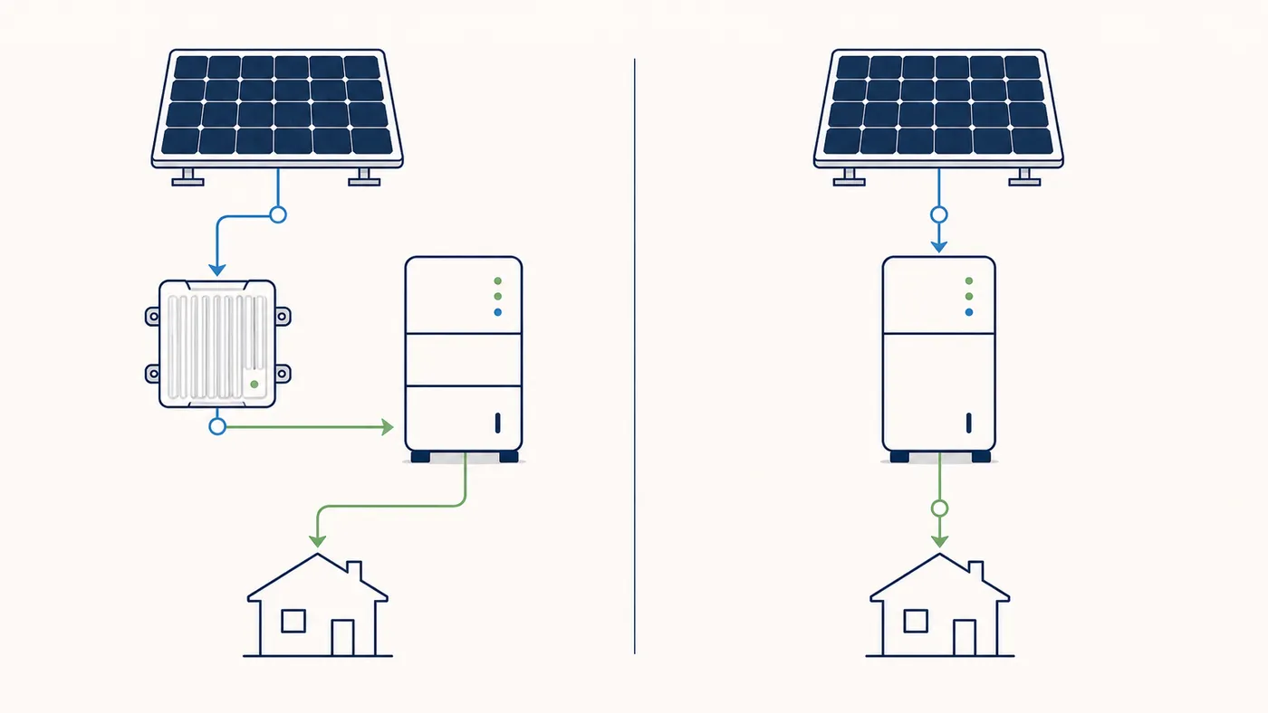 Schema-Box: Topologie A (Mikro + AC-Speicher, Doppelwandlung) vs. Topologie B (integriert, eine Wandlung).