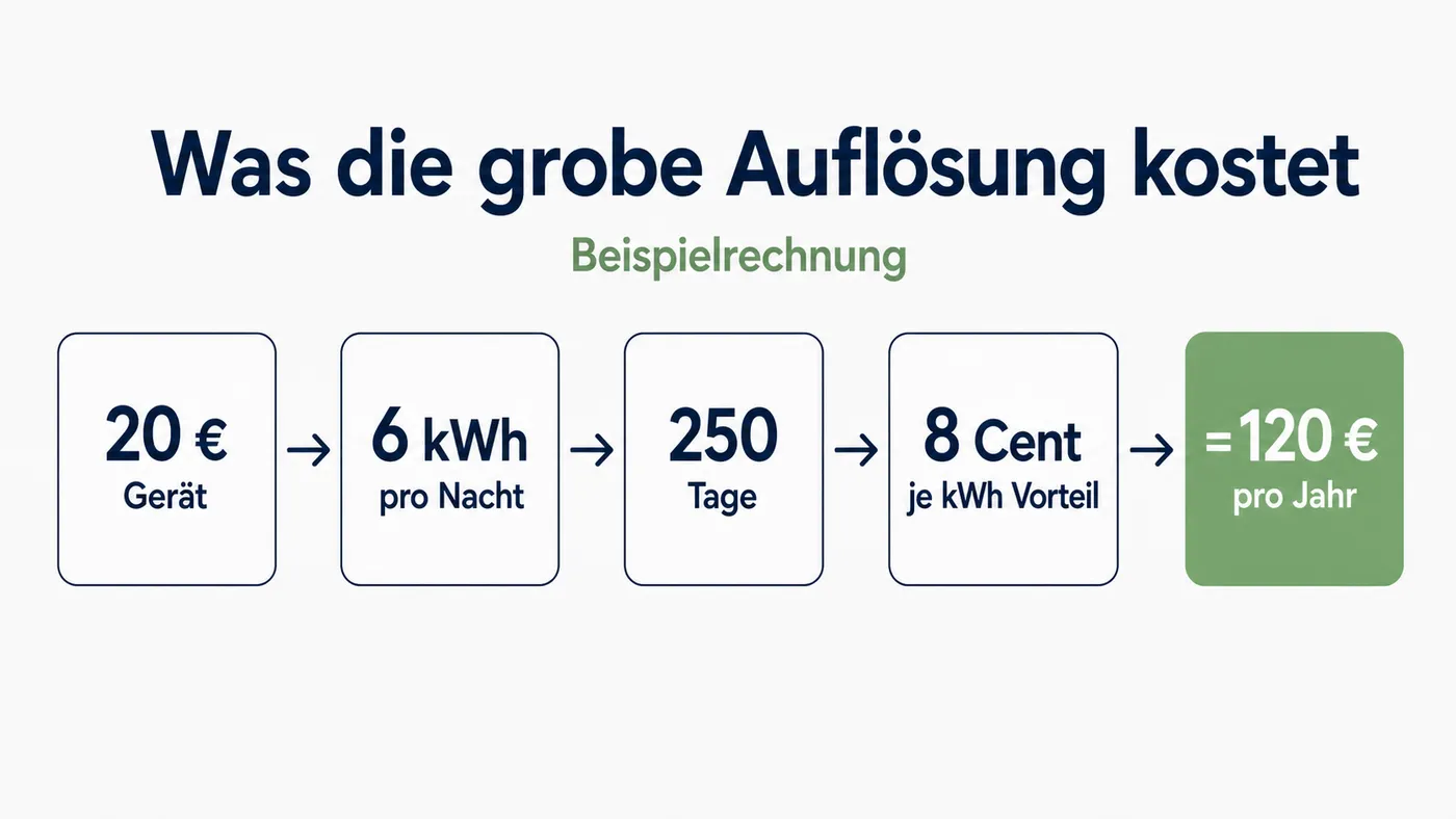 Rechenkarte führt 20 Euro Gerät, 6 kWh, 250 Tage und 8 Cent je Kilowattstunde zu 120 Euro pro Jahr.