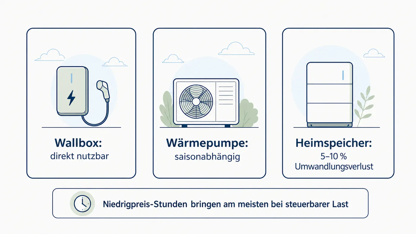 Vergleich zeigt Wallbox als direkt nutzbar, Wärmepumpe als saisonabhängig und Heimspeicher mit 5 bis 10 Prozent Umwandlungsverlust.