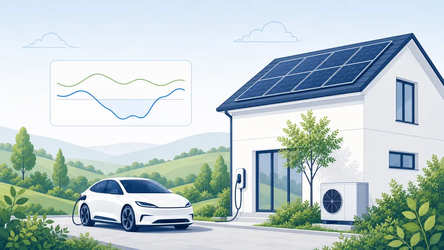 Ein Haushalt mit PV, Wallbox und Wärmepumpe sieht eine negative Börsenpreiskurve, während der Haushaltskostenpfad positiv bleibt.