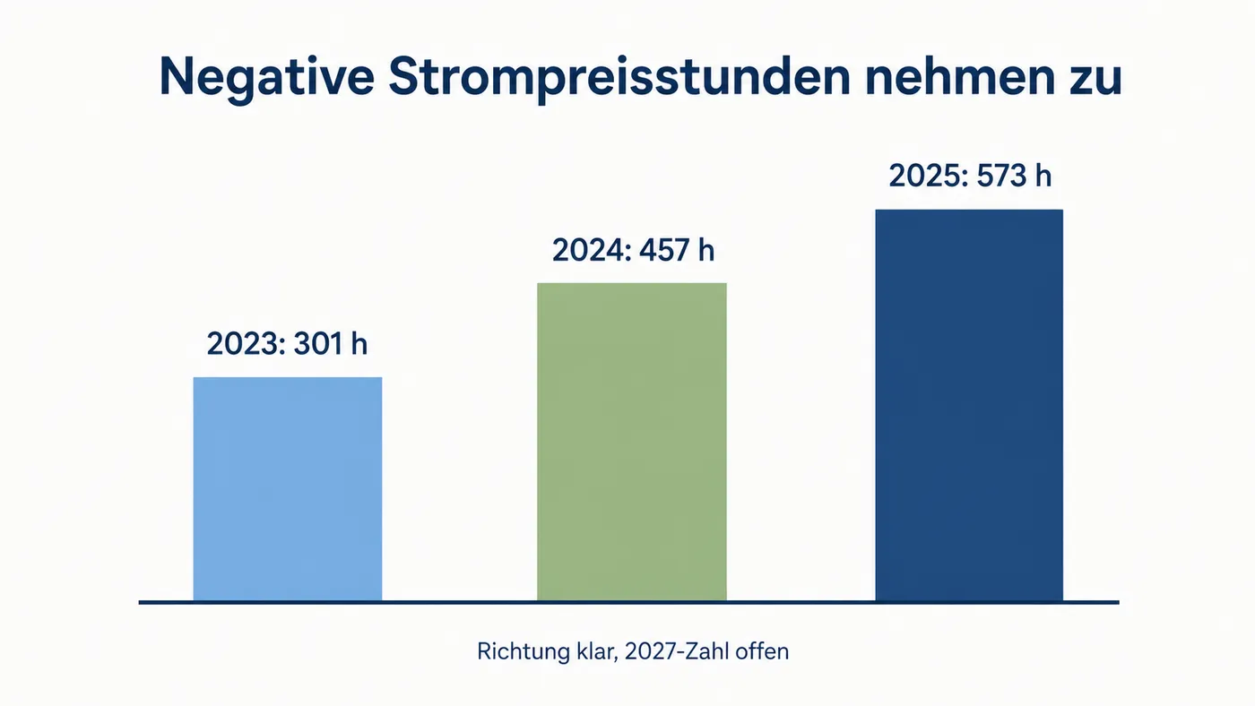Balkendiagramm mit 301 negativen Strompreisstunden 2023, 457 Stunden 2024 und 573 Stunden 2025.
