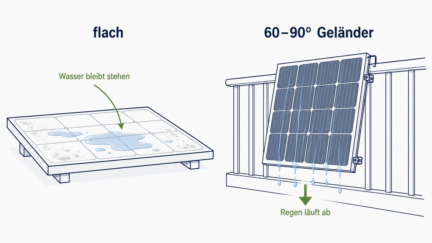Schema, wie Regen an flachen und steilen Solarmodulen unterschiedlich abläuft.