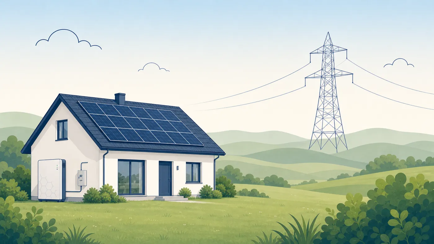 Ruhige Landschaft mit PV-Haus im Vordergrund und Hochspannungsmast als Liniengerüst im Hintergrund.