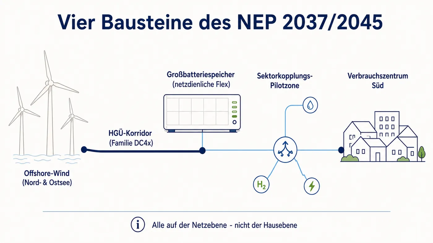 Schema der vier NEP-Bausteine: Offshore-Wind, HGÜ-Korridor, Großbatteriespeicher und ein Sektorkopplungs-Knoten, verbunden zum Verbrauchszentrum Süd.