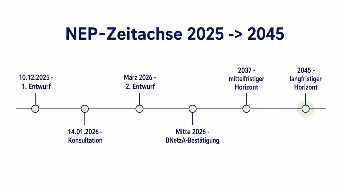 Zeitstrahl 2025 bis 2045 mit den NEP-Meilensteinen: erster Entwurf, Konsultation, zweiter Entwurf, BNetzA-Bestätigung sowie die Horizonte 2037 und 2045.