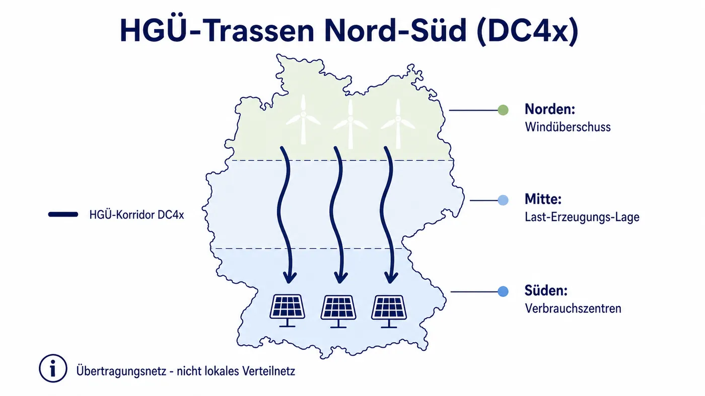 Stilisierte Deutschland-Karte mit HGÜ-Trassen-Linien zwischen Windrädern im Norden und PV-Symbolen im Süden, beschriftet nach Nord-, Mitte- und Süd-Zone.