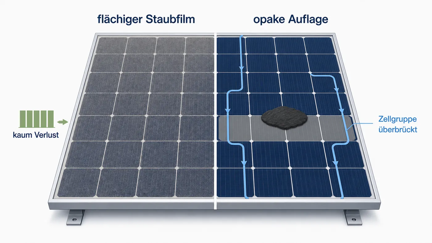 Modulschema mit flächigem Staubfilm und opaker Auflage über einer Zellgruppe.