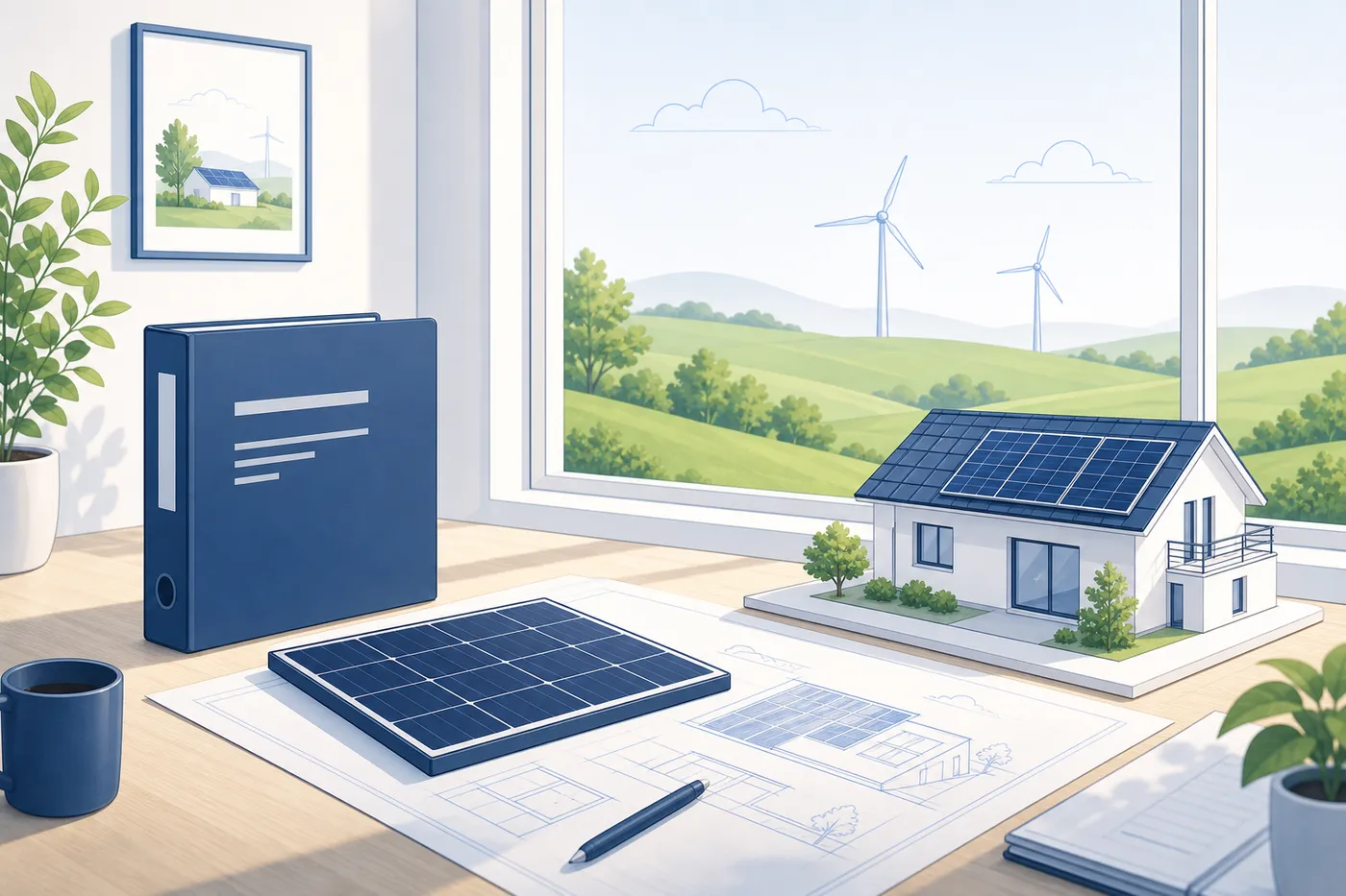 Planungstisch mit Garantiedokument und Solarmodul-Muster zur Einordnung früher Perowskit-Produkte.