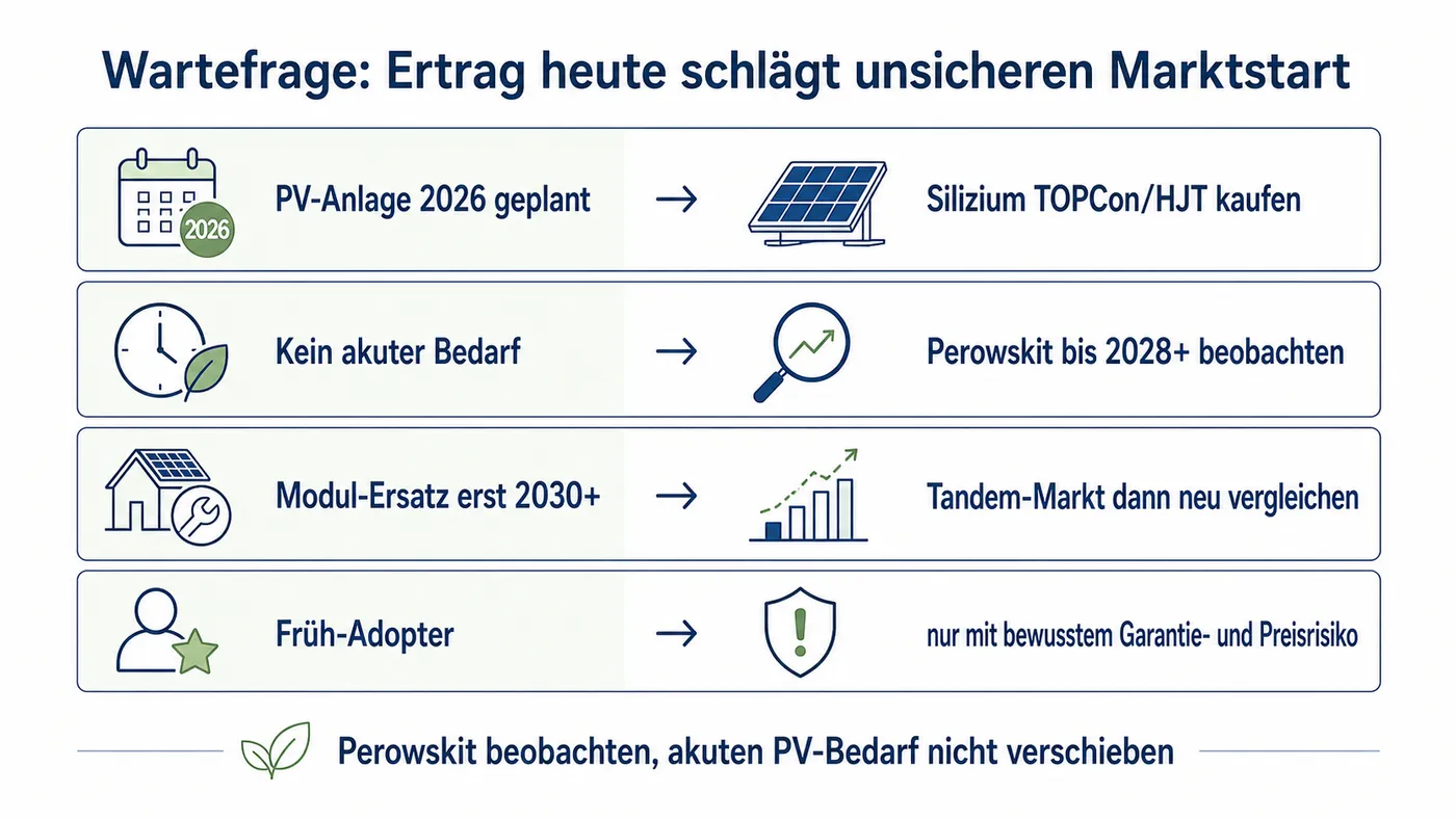Entscheidungsmatrix für Haushalte, ob sie 2026 Silizium kaufen oder Perowskit beobachten sollten.