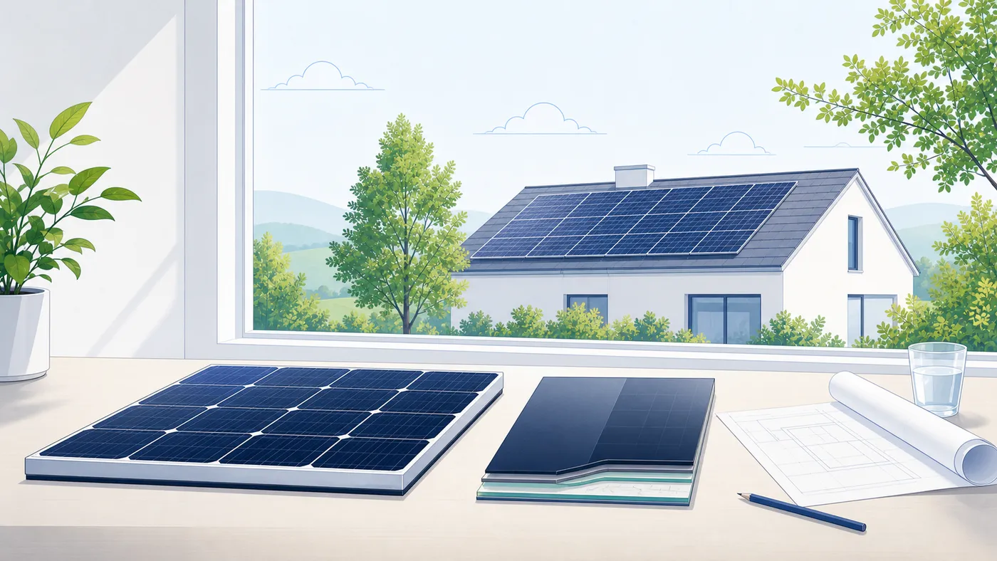 Planungstisch mit Silizium- und Perowskit-Tandemmodul als Vergleich für die PV-Kaufentscheidung 2026/27.