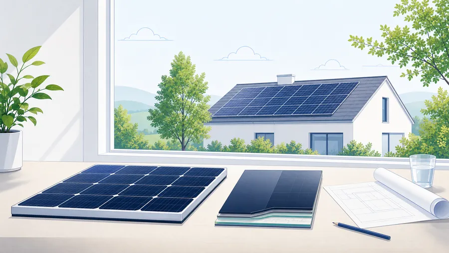 Planungstisch mit Silizium- und Perowskit-Tandemmodul als Vergleich für die PV-Kaufentscheidung 2026/27.