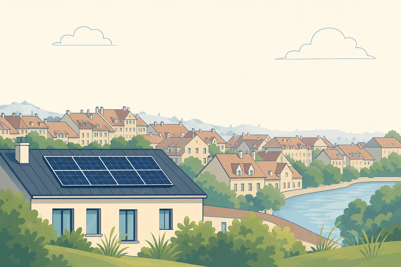 Berner Dachlandschaft mit Photovoltaik, Aare-Band und zurückhaltender Altstadt-Silhouette.