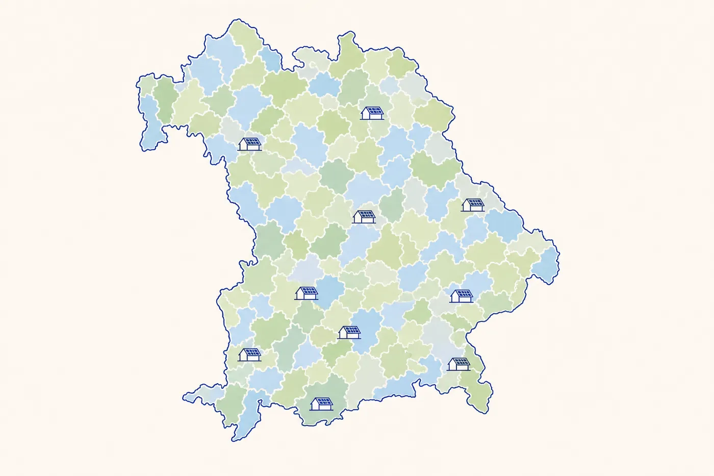 Bayern-Karte mit fünf Städten und Status-Tags (aktiv, eingestellt, neu, variabel).