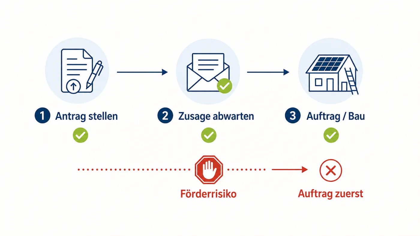 Zeitstrahl für WIBank-PV-Darlehen: Antrag vor Auftrag und Installation.