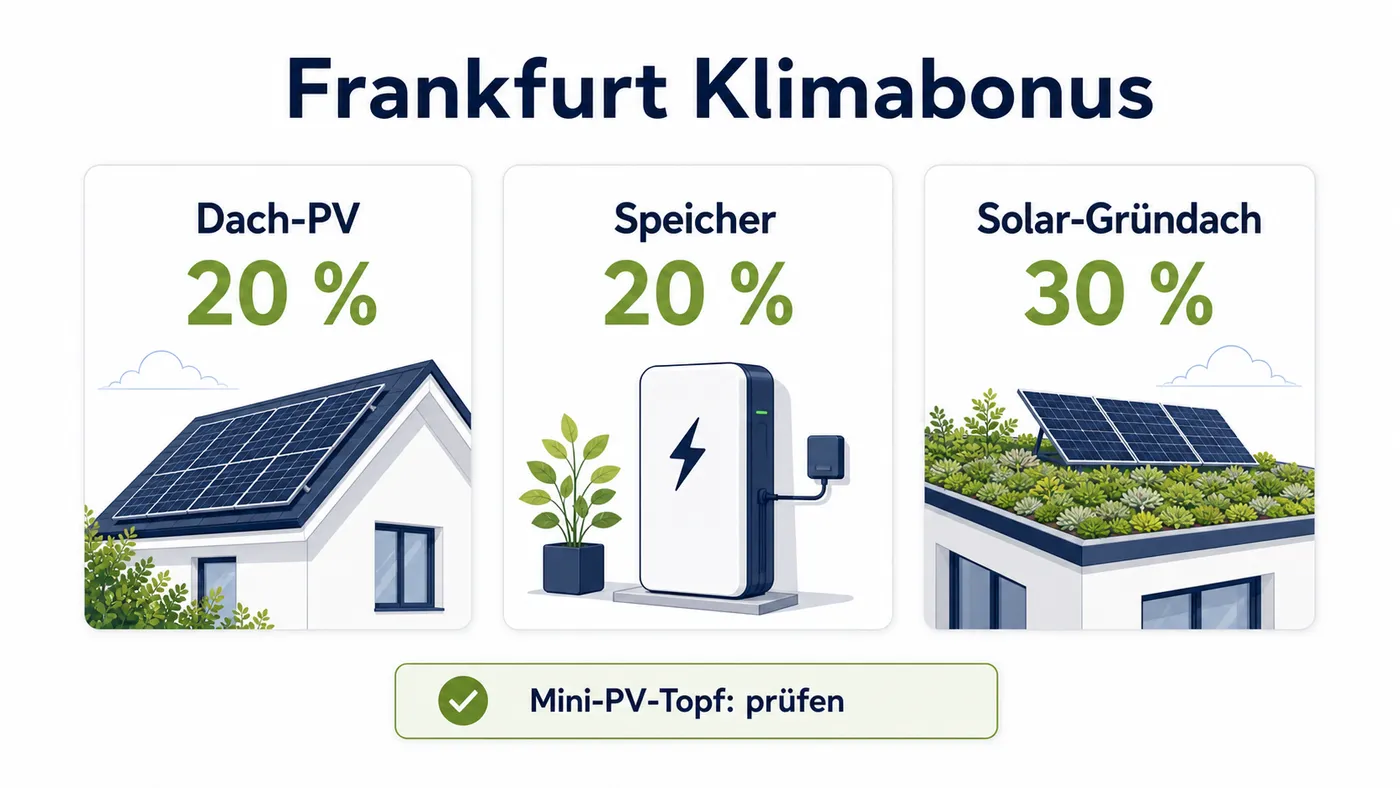 Frankfurter Klimabonus für Dach-PV, Speicher und Solar-Gründach als kommunale Förderspur.