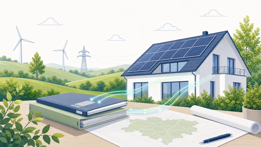 Niedersächsisches Wohnhaus mit PV-Dach und Förderunterlagen als Symbol für kommunale PV-Förderung.