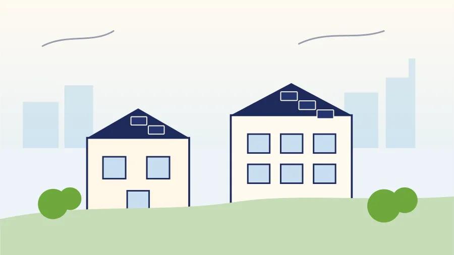 NRW-Stadtszene mit Wohngebäuden, PV-Dächern und dezenter Industriesilhouette.