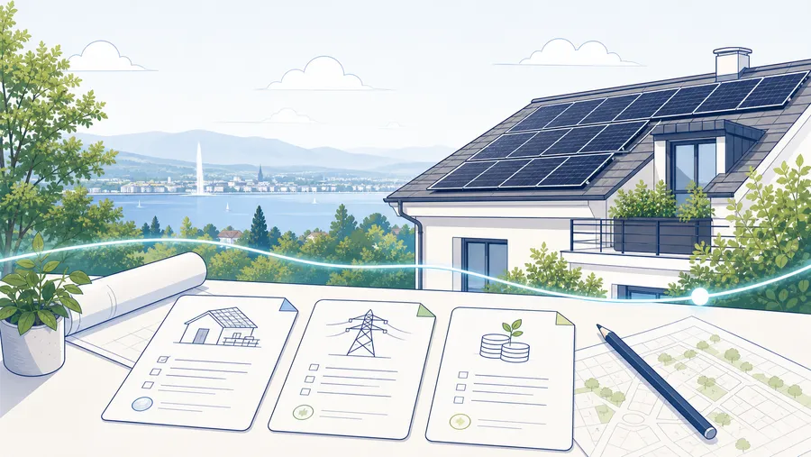 Genfer Wohnhaus mit PV-Dach und drei neutralen Dokumentkarten für Bau, Netz und Förderung.