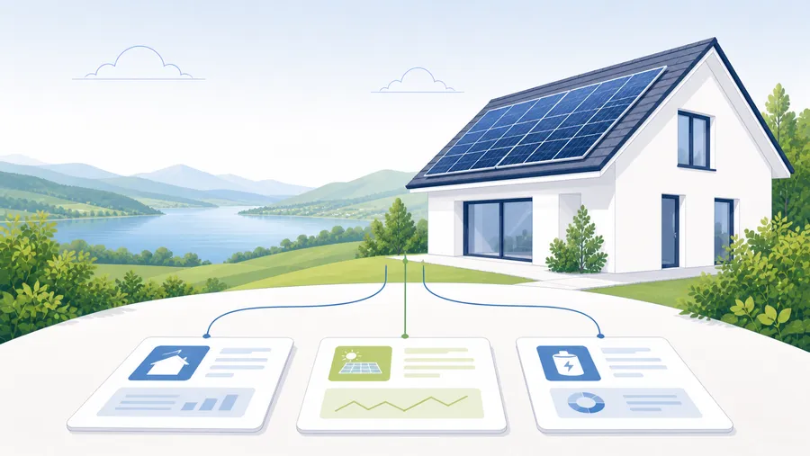 Ein Solarhaus in einer St. Galler Landschaft wird mit drei Verfahrenskarten für Gemeinde, Netzbetreiber und Pronovo verbunden.
