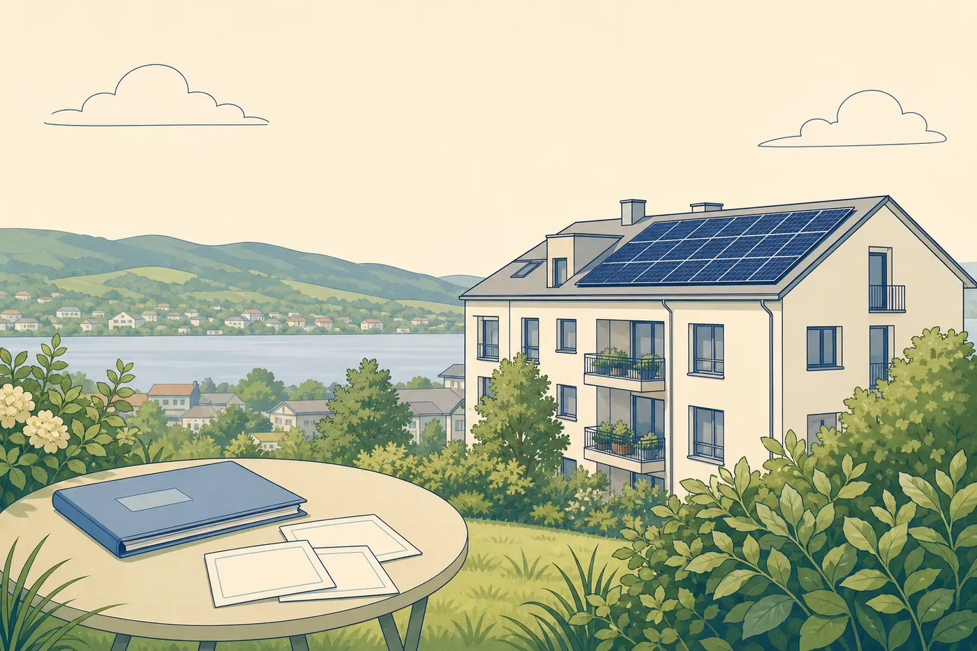 Züricher Mehrfamilienhaus mit Aufdach-Photovoltaik, Planungsmappe und Wasserlinie im Hintergrund.