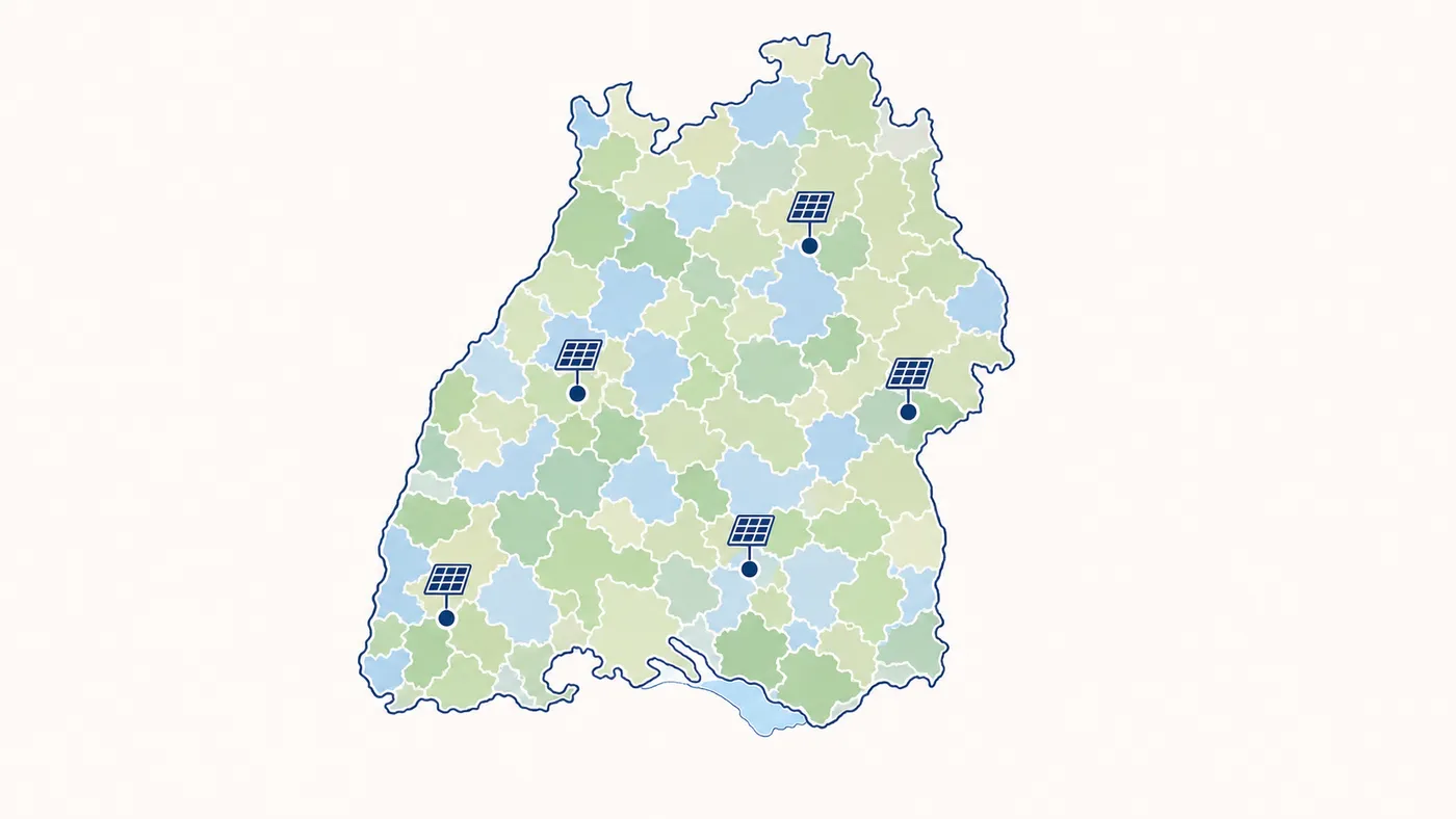Stilisierte Karte Baden-Württembergs mit fünf fördernden Städten und ihren Programmen.