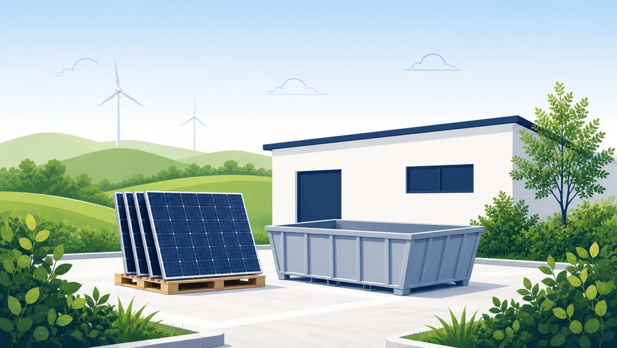Sammelstelle mit gestapelten Solarmodulen auf einer Palette neben einem offenen Sammelcontainer.