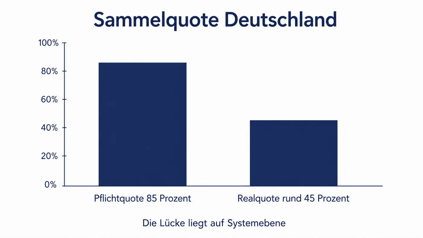 Balkenvergleich der Sammelquote in Deutschland: 85 Prozent gesetzliche Pflichtquote gegenüber rund 45 Prozent real gesammelter Module.