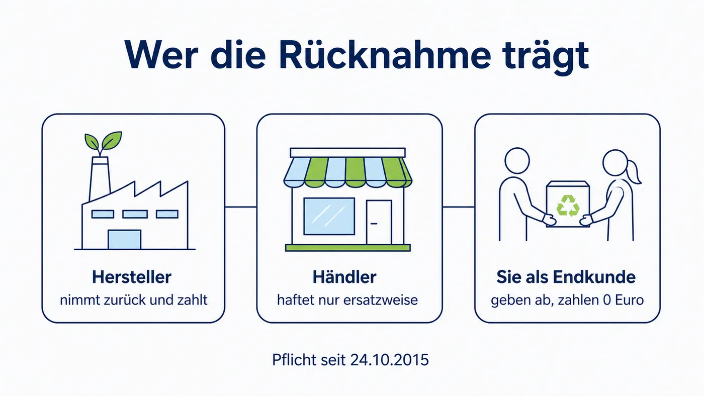 Drei Rollen bei der Modulrücknahme: Der Hersteller nimmt zurück und zahlt, der Händler haftet ersatzweise, der Endkunde gibt ab und zahlt nichts.