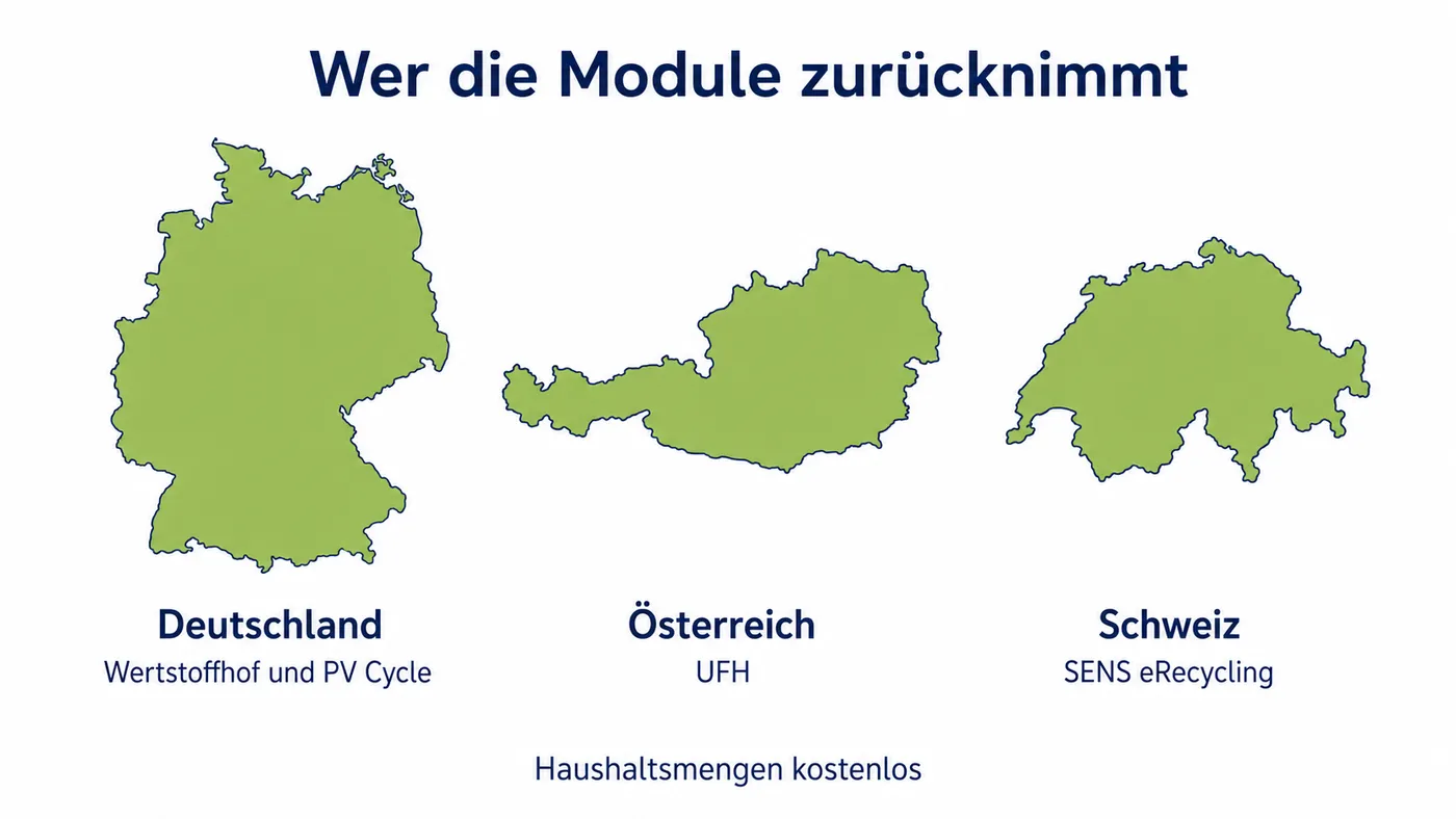 Kartensilhouetten von Deutschland, Österreich und der Schweiz mit den jeweils zuständigen Rücknahmeorganisationen.