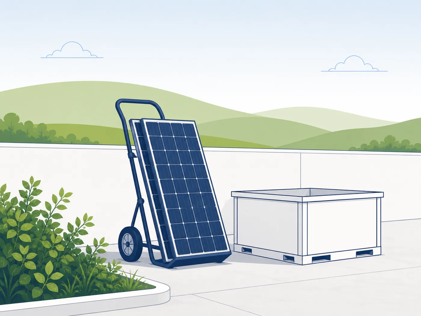 Zwei Solarmodule auf einer Sackkarre neben einem offenen Sammelcontainer an einer Abgabestelle.