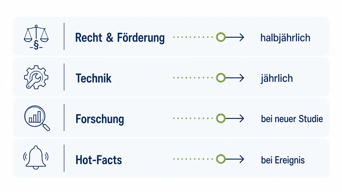 Recht und Förderung werden halbjährlich, Technik jährlich, Forschung bei neuer Studie und Hot-Facts bei Ereignis geprüft.