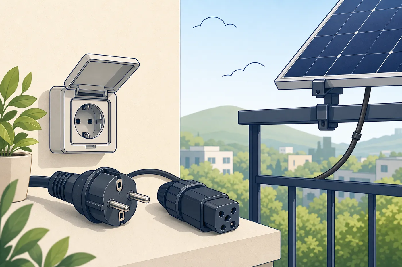 Balkon-Steckdosenszene mit Schutzkontakt-Stecker, Wieland-Stecker und Balkonkraftwerk-Modul.