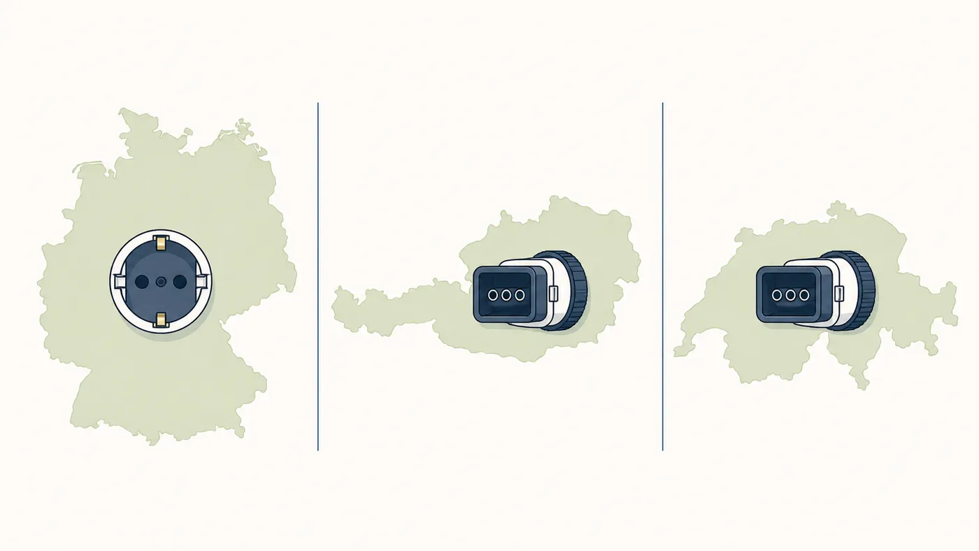Drei-Spalter-Schema: Deutschland, Österreich, Schweiz mit zuständiger Norm und Stecker-Status.