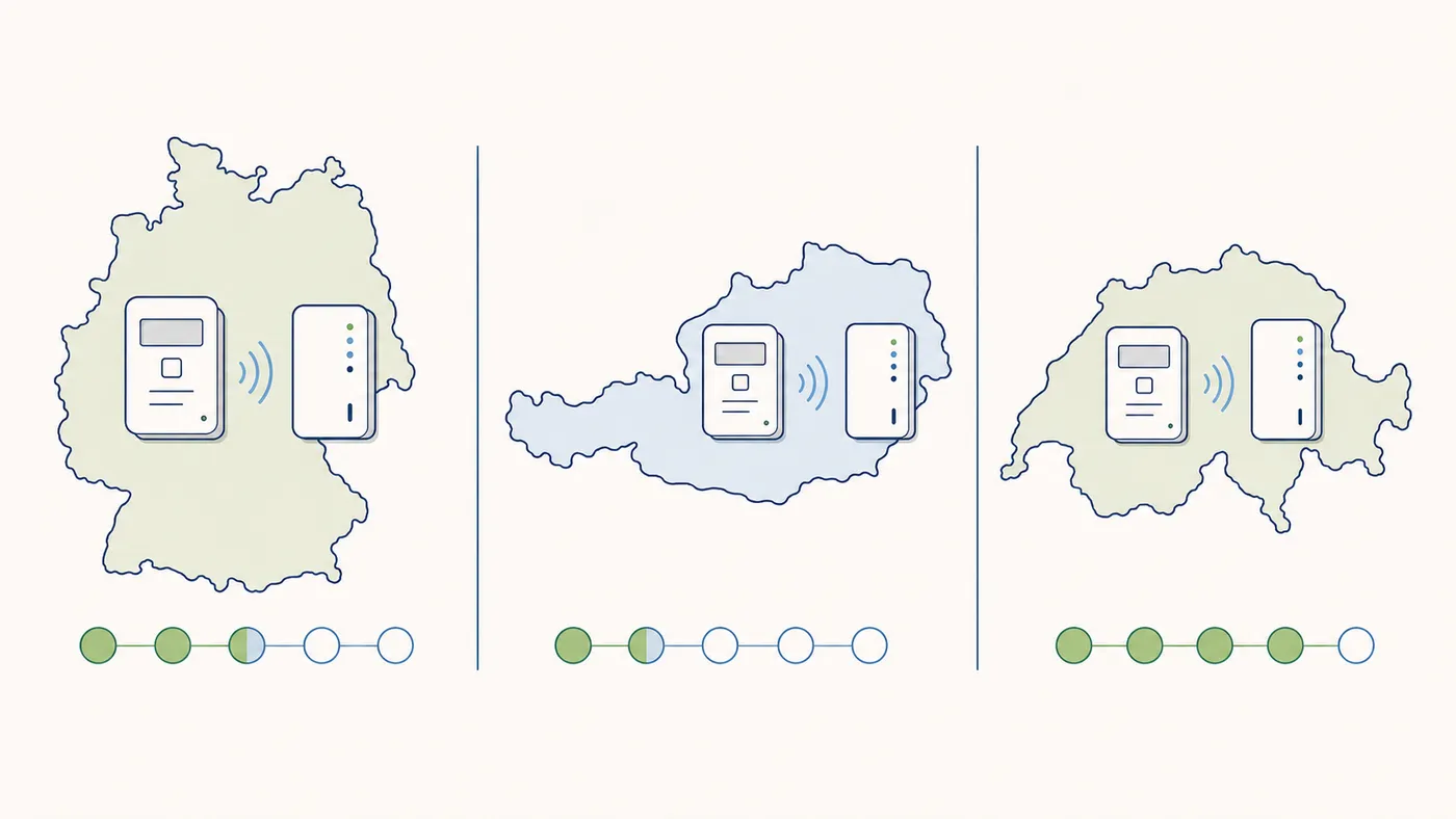 Drei Balken DE 23,3 %, AT 96,9 % mit 12,6 % aktiv, CH 80 % bis 2027 als Stand-Vergleich.