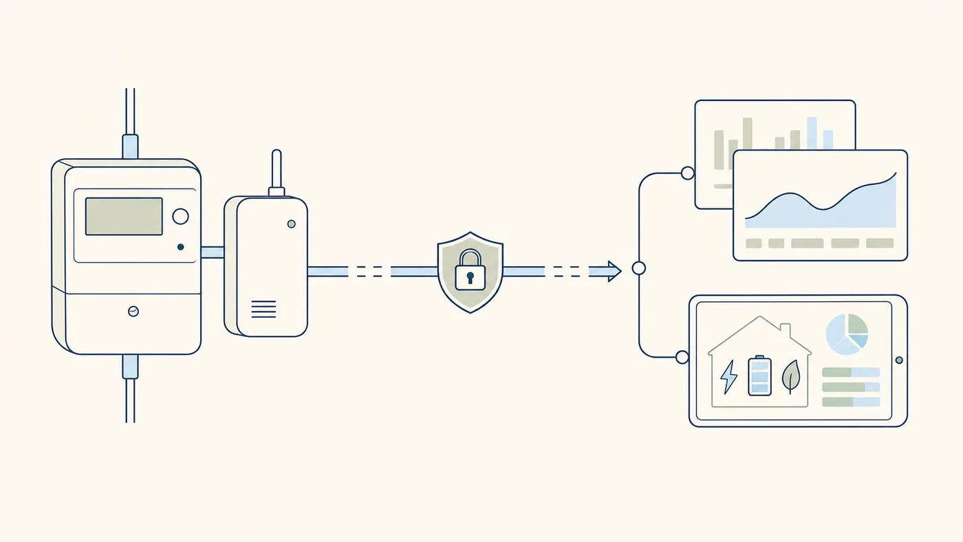 Schema: Smart-Meter-Hardware, gesicherter Datenpfad und nutzbare Haushaltsdaten.