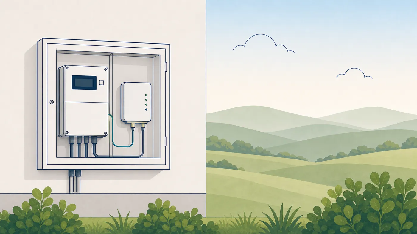 Aufgeräumter Zählerschrank mit generischem Smart Meter und Gateway an heller Hauswand als Auflockerungsbild.