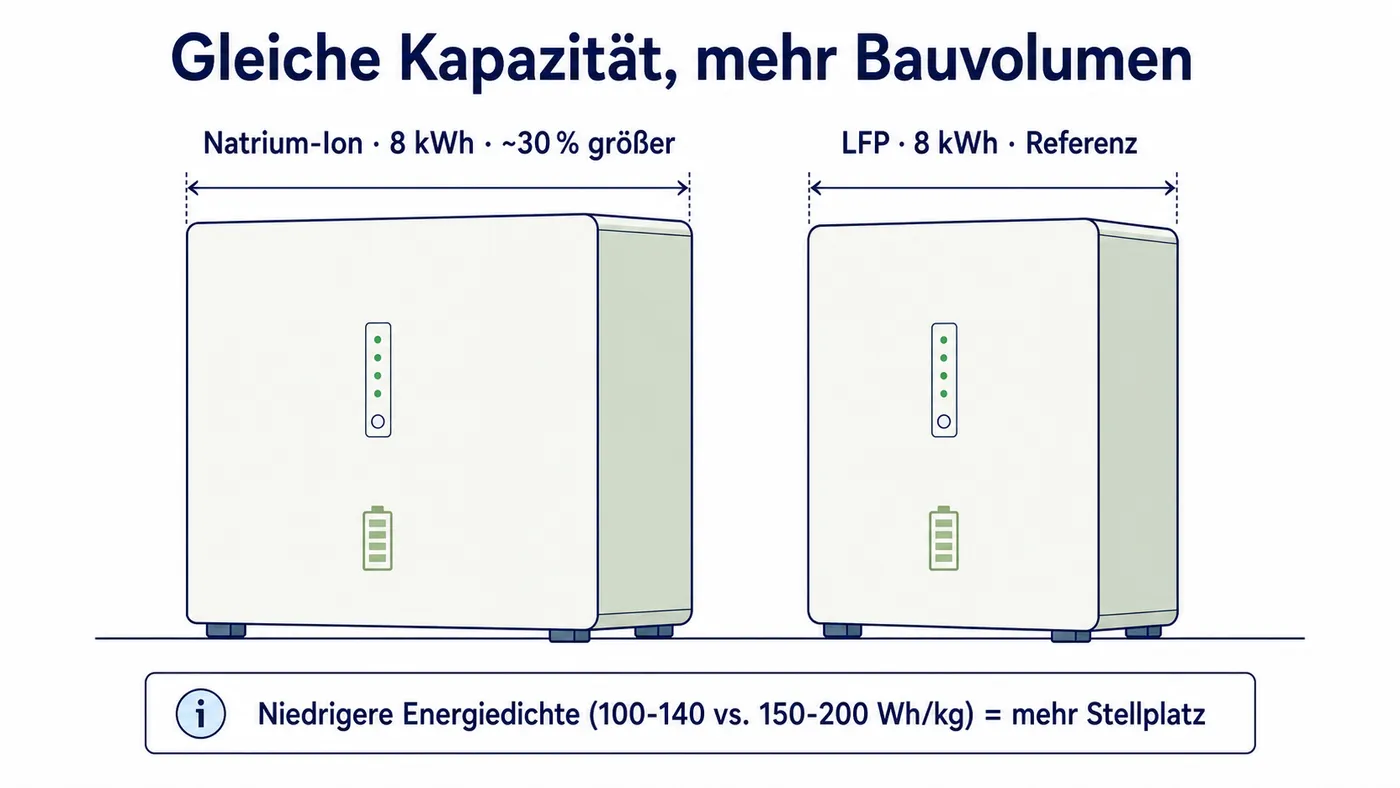 Größenvergleich zweier gleich großer 8-kWh-Heimspeicher: das Natrium-Ion-Gehäuse ist rund 30 Prozent voluminöser als das LFP-Gehäuse.