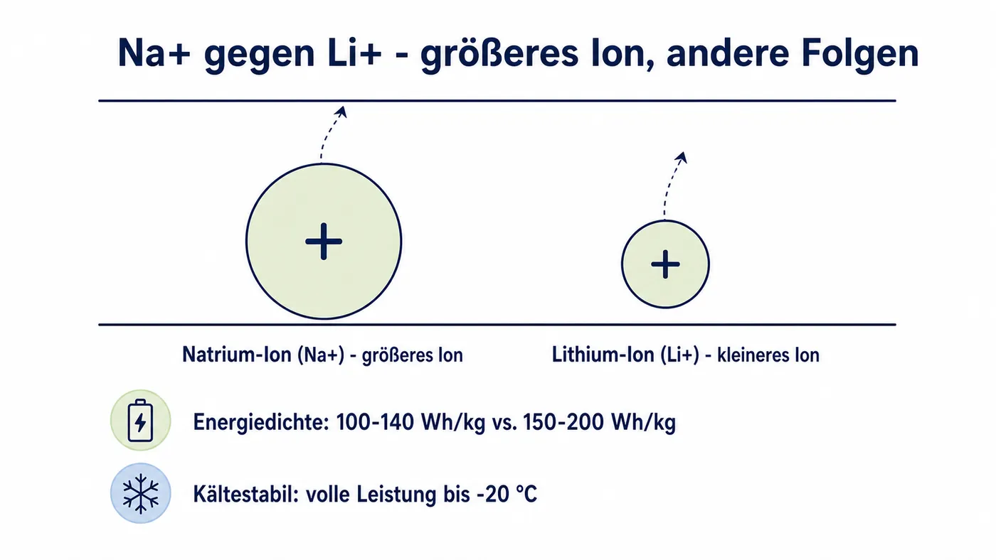 Schema-Vergleich Natrium-Ion (Na+) und Lithium-Ion (Li+) als Ladungsträger zwischen Elektroden, mit Energiedichte- und Temperaturwerten.