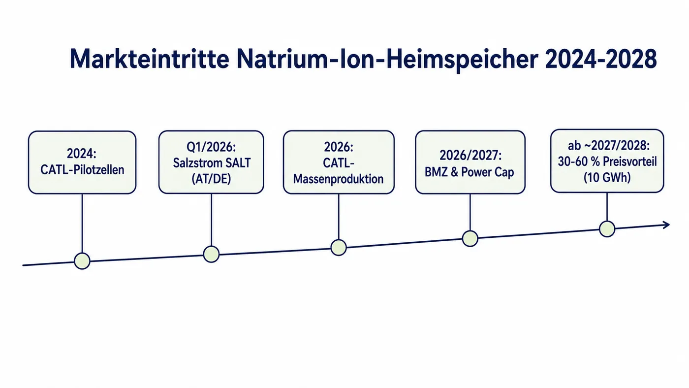 Zeitachse 2024 bis 2028 mit beschrifteten Markteintritts-Knoten für Natrium-Ion-Heimspeicher von CATL-Pilot über Salzstrom SALT bis zum erwarteten Preisvorteil ab 2027/2028.