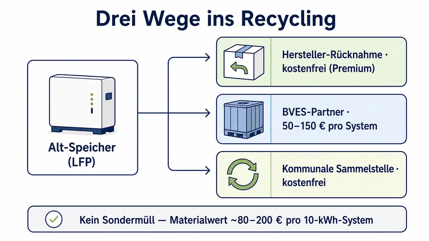 Schema: Ein Alt-Heimspeicher fächert über drei Pfeillinien in drei Entsorgungswege auf. Hersteller-Rücknahme, BVES-Partner und kommunale Sammelstelle.