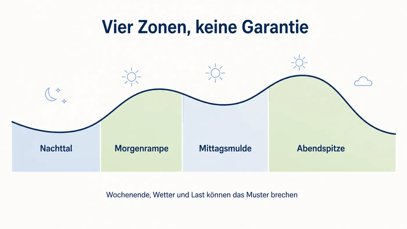 Tageskurve mit Nachttal, Morgenrampe, Mittagsmulde und Abendspitze als Muster, nicht als Garantie.