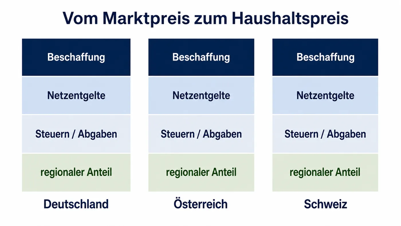 Der Börsenpreis erklärt die Richtung, aber nicht die Stromrechnung: Haushalte zahlen erst den national und regional zusammengesetzten Endpreis.