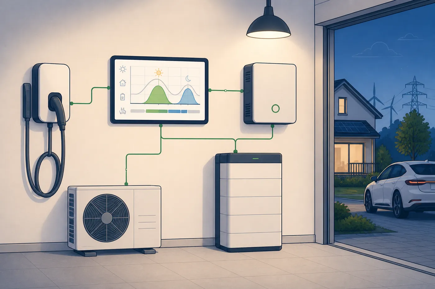 Automatische Steuerung verbindet Wallbox, Wärmepumpe und Speicher innerhalb festgelegter Komfort- und Leistungsgrenzen.