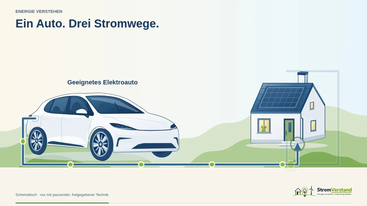 Animation: V2L versorgt einzelne Geräte, V2H das Haus und V2G das öffentliche Stromnetz. Die drei Stromwege setzen unterschiedliche Technik voraus.