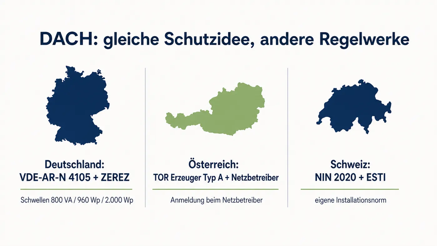 Drei-Spalten-Vergleich von VDE-AR-N 4105 in Deutschland, TOR Erzeuger Typ A in Österreich und NIN 2020 in der Schweiz.
