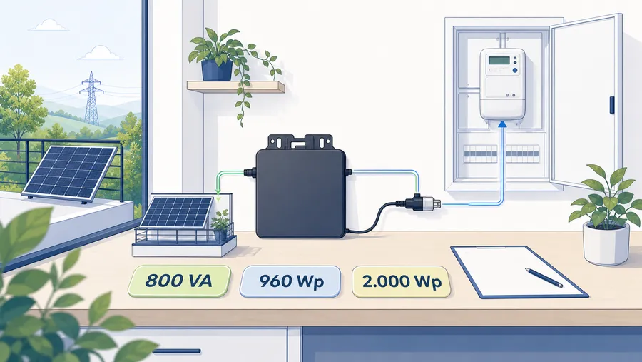 Planungstisch mit Balkonkraftwerk, Wechselrichter und den Schwellen 800 VA, 960 Wp und 2.000 Wp.