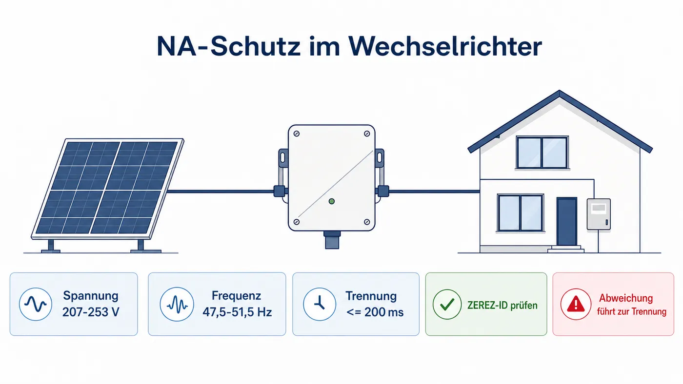 Schema eines Wechselrichters mit NA-Schutz, Spannungsband 207 bis 253 Volt, Frequenzband 47,5 bis 51,5 Hertz und Trennung in höchstens 200 Millisekunden.