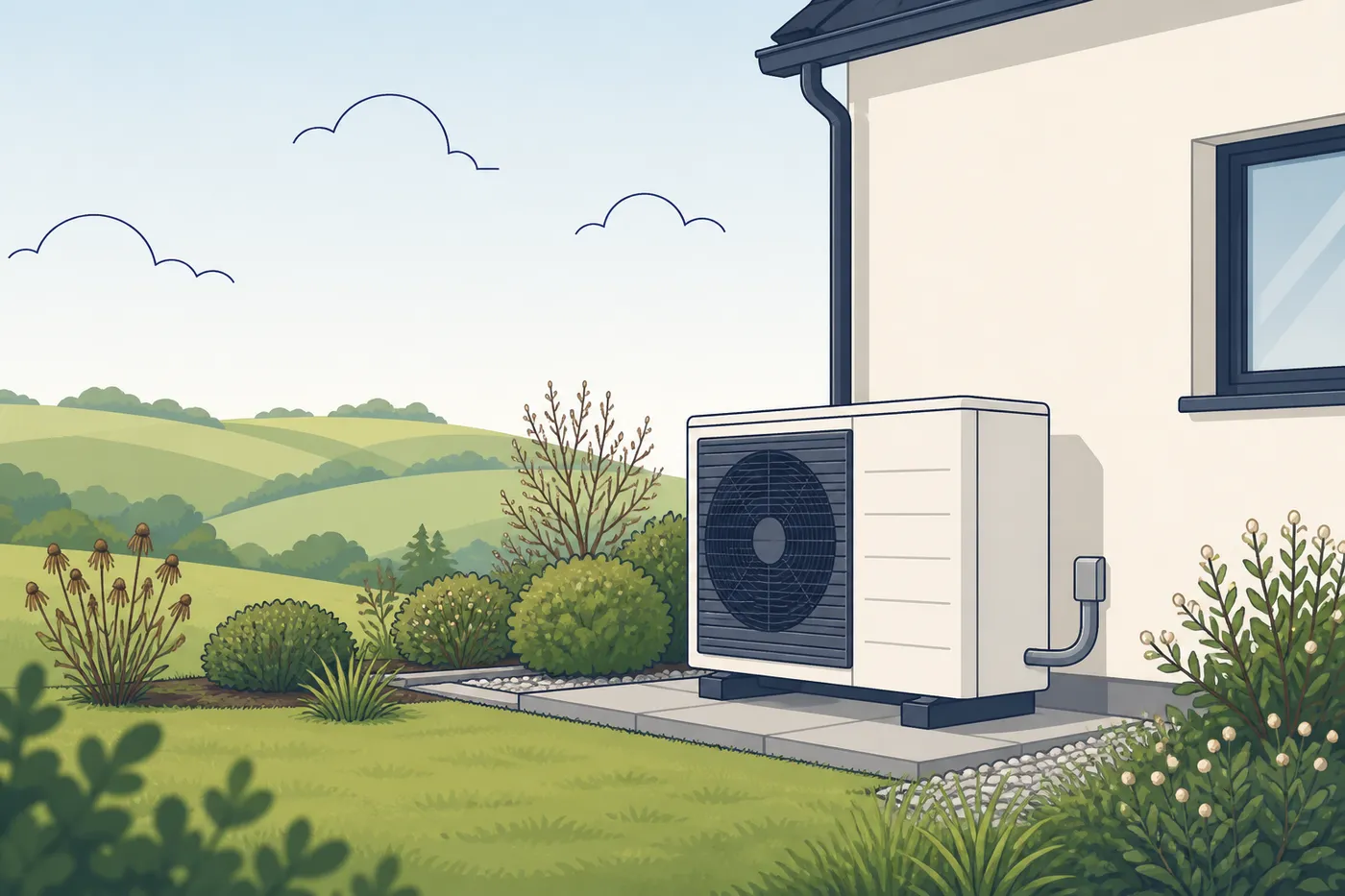 Generische Wärmepumpen-Außeneinheit an einer Hauswand mit Garten und Hügeln.